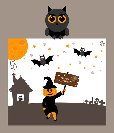 Owl is holding postcard.Modern flat design.Pumpkin,bat,moon and inscription happy Halloween.のイラスト素材
