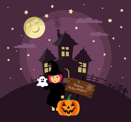 Poster, banner or background for Halloween Party night with haunted house. Witch,pumpkin, moon and stars. Modern flat design.のイラスト素材