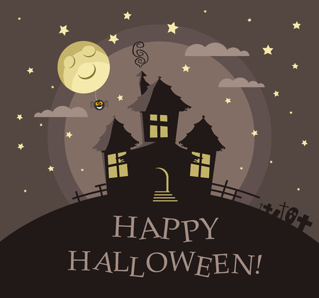 Poster, banner or background for Halloween Party night with haunted house. Moon and stars. Modern flat design.のイラスト素材