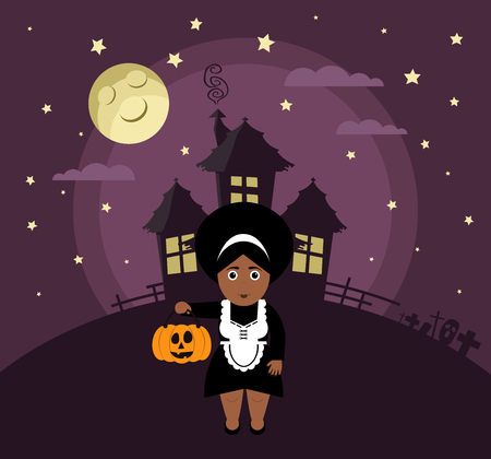 Poster, banner or background for Halloween Party night with haunted house. Maid,pumpkin, moon and stars. Modern flat design.のイラスト素材