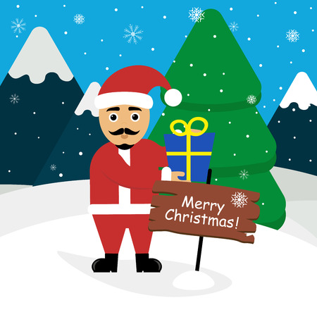 Landscape of mountains , forest, snow. Santa Claus with a gift in its handsのイラスト素材