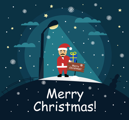 Santa Claus stands with a gift in the hands of the night under a street lamp. Modern flat design.のイラスト素材