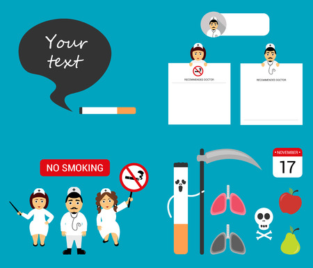 Set dangers of smoking. Flat vector illustration and elements. Doctors holds a notepad sheet. Cigarette with a scythe.のイラスト素材