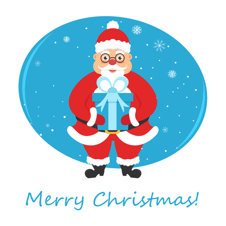 Greeting card for the holiday banner. Merry Christmas, Santa Claus holding a gift. Vector illustration. Modern flat design.のイラスト素材