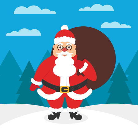 Card or banner for the New year or Christmas. Santa with a bag of gifts in his hands. Christmas illustration. Modern flat design.のイラスト素材