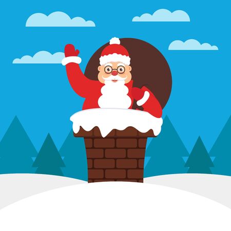 Santa with gift bag in chimney on the roof. Modern flat illustration.のイラスト素材