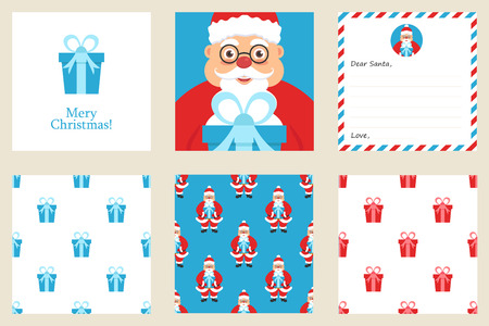 Merry Christmas and New year greeting card set. Includes holiday themed seamless patterns. Santa with gift. Flat.のイラスト素材