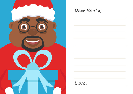 Letter Dear santa claus for Merry Christmas or New year. Cute afroamerican male.Postcard or greeting card template. Flat.のイラスト素材