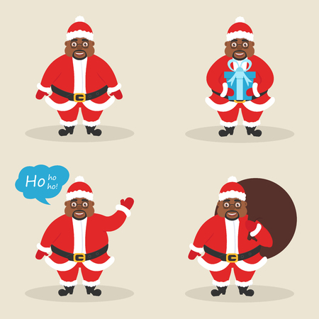 Set of cute character Santa clauses in different poses. Santa with the bag, with gift, waving his hand. Modern flat design. Beautiful afroamerican male. Black people.のイラスト素材