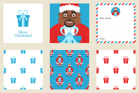Merry Christmas and New year greeting card set. Includes holiday themed seamless patterns. Cute african american Santa with gift. Vector.のイラスト素材
