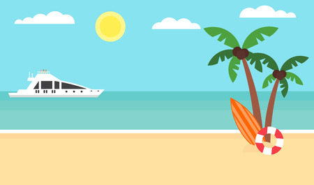 Summer background - sunset beach. Sea, yacht and a palm tree. Modern flat design.のイラスト素材