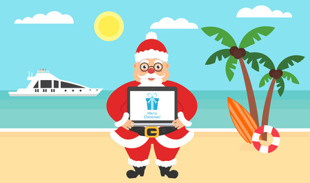 Summer background - sunny beach. Computer with congratulations for Merry Christmas and New Year. Sea, yacht,palm tree and cute santa. Vector flat illustration.のイラスト素材