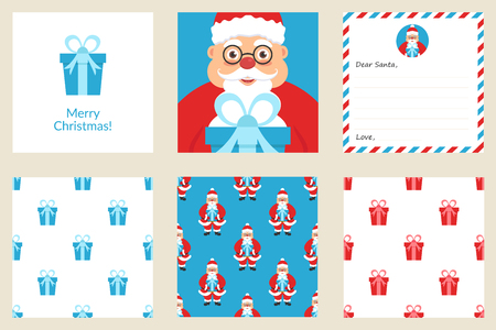 Merry Christmas and New year. Set greeting card. Includes holiday seamless patterns. Cute Santa with gift. Flat design. Vector.のイラスト素材