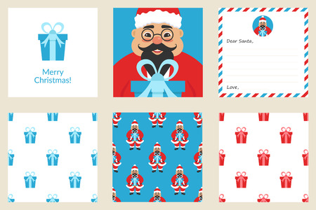 Merry Christmas and New year greeting card set. Seamless patterns. Cute asian Santa. Flat design. Vector.のイラスト素材