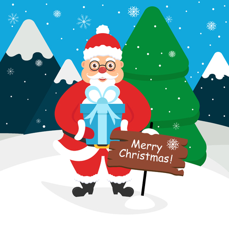 Cute Santa Claus with a gift in its hands. Landscape of mountains , forest, snow. Modern flat design. Vector.のイラスト素材