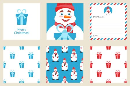 Merry Christmas and New year. Set greeting card. Includes holiday seamless patterns. Cute Snowman with gift. Flat design. Vector.のイラスト素材