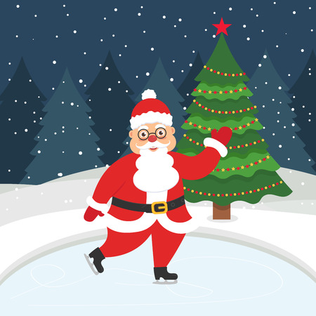 Happy new year and merry Christmas. Greeting card with christmas tree. Beautiful Santa skating on the winter ice-skating rink. Vector illustration. Flat design.のイラスト素材