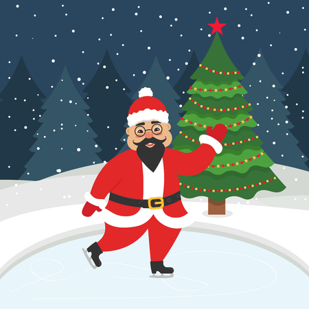 Happy new year and merry Christmas. Greeting card with christmas tree. Beautiful Asian Santa skating on the winter ice-skating rink. Vector illustration.のイラスト素材