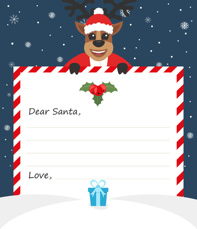 Template envelope New year's letter to cute Santa Claus with icon. Character assistant deer. Flat design.Vector illustration.のイラスト素材