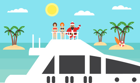 Summer background - sunny beach. Sea,palm tree and asian santa on yacht.Girls in bikinis.Merry Christmas and New Year. Vector illustration.Modern flat design.のイラスト素材