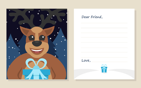 Template greeting card New year's or Merry Christmas letter to Dear Friend . Cute deer with gift. Vector illustration. Modern flat design.のイラスト素材