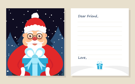 Template greeting card New year's or Merry Christmas letter to Dear Friend . Cute santa in glasses with gift. Vector illustration. Modern flat design.のイラスト素材