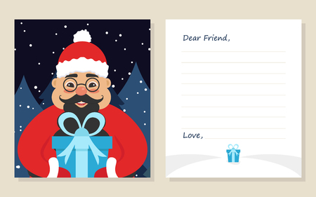 Template greeting card New year's or Merry Christmas letter to Dear Friend . Cute asian santa in glasses with gift. Vector illustration. Modern flat design.のイラスト素材