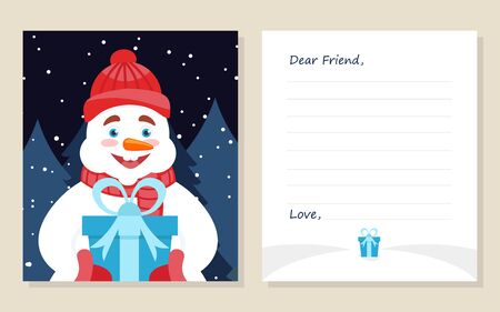 Template greeting card New year's or Merry Christmas letter to Dear Friend . Cute snowman with gift. Vector illustration. Modern flat design.のイラスト素材