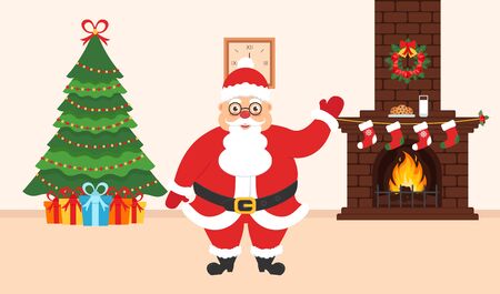Festive design of the room. Brick fireplace, Christmas wreath, milk and cookies for cute Santa, festive decorated tree and gifts. Illustration.Merry Christmas and Happy New year. Vector.のイラスト素材