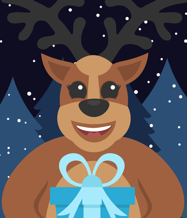 Template greeting card New year's or Merry Christmas. Cute deer with gift. Flat design.Vector illustration.のイラスト素材