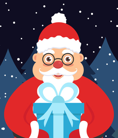 Holiday illustration greeting card for new year or Christmas. Santa Claus in the night in the hands with a gift. Vector illustration.のイラスト素材