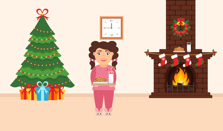 Festive design of the room. Brick fireplace, Christmas wreath, milk and cookies for cute Santa, festive decorated tree,gifts and girl. Vector in flat style. Merry Christmas and Happy New year.のイラスト素材