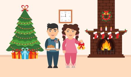 Festive design of the room. Brick fireplace, Christmas wreath, milk and cookies for cute Santa, festive decorated tree,gifts, girl and boy. Vector in flat style. Merry Christmas and Happy New year.のイラスト素材
