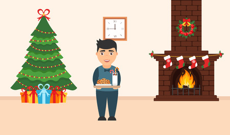 Festive design of the room. Brick fireplace, Christmas wreath, milk and cookies for cute Santa, festive decorated tree,gifts and boy. Vector in flat style. Merry Christmas and Happy New year.のイラスト素材