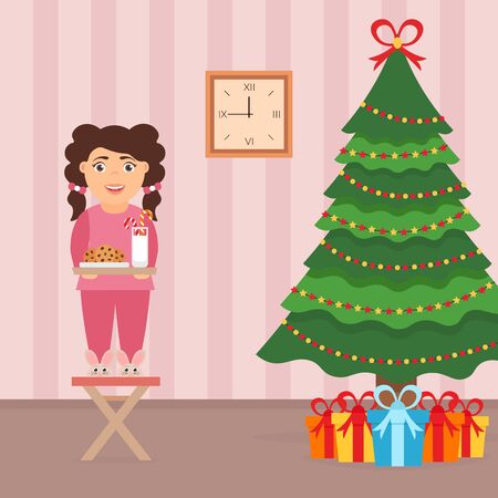 Festive design of the room.Girl, milk and cookies for cute Santa, festive decorated tree and gifts. Merry Christmas and Happy New year. Vector in flat style.のイラスト素材
