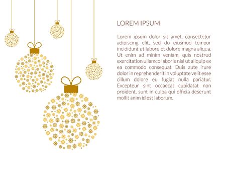 Festive Christmas background with golden balls snowflakes . Vector in flat style. Banner or poster.のイラスト素材
