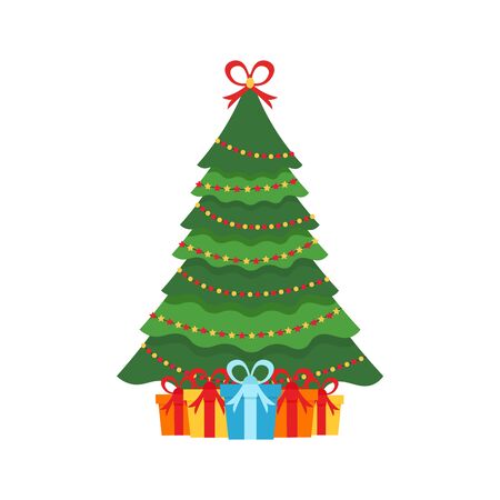 Beautiful elegant green Christmas tree. Multi-colored garland. Colorful gifts. Vector illustration on a white background.のイラスト素材