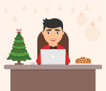 Cute character boy, holiday tree. Celebration flat vector illustration. Decorated workplace office Merry Christmas and Happy New Year.のイラスト素材