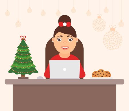 Decorated workplace office Merry Christmas and Happy New Year. Cute character women, holiday tree. Celebration flat vector illustration.のイラスト素材
