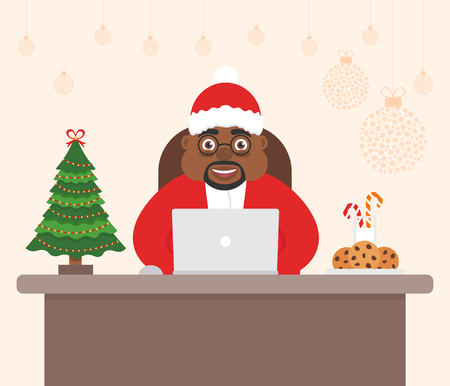 Decorated workplace office Merry Christmas and Happy New Year. Celebration flat vector illustration. Cute beautiful character african Santa Claus, holiday tree.のイラスト素材