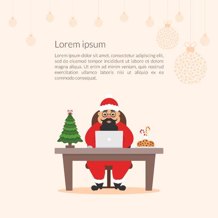 Merry Christmas and Happy New Year decorated workplace office. Cute cartoon character  asian Santa Claus. Christmas illustration. Xmas tree. Flat designのイラスト素材