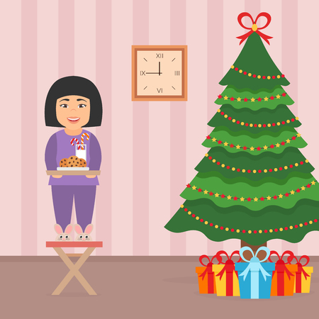 Cute beautiful asian girl child standing on a chair near the Christmas Tree. Room interior in flat style. Christmas vector illustration.のイラスト素材