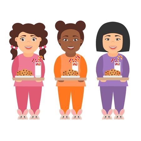 Cute cartoon character girls children with milk and cookies for Santa Claus.People of different nationalities - asian, african and american.Merry Christmas and Happy New year. Vector in flat design.のイラスト素材