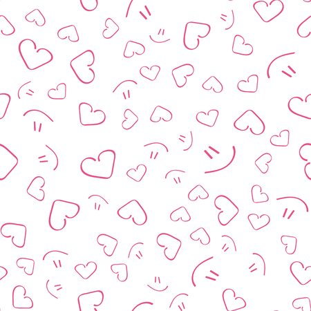 Continuous pattern, background for printing. Beautiful cute seamless pattern with hearts and smile. Vector in flat style.のイラスト素材