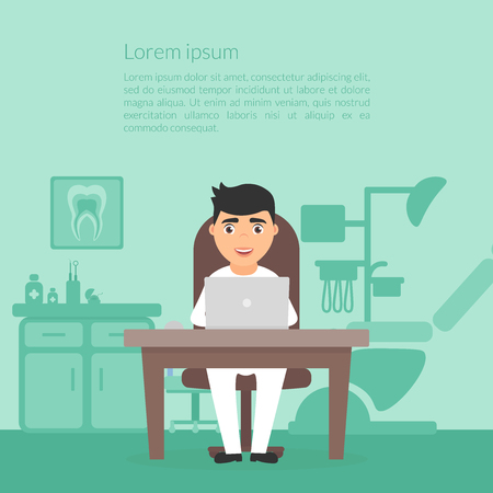 Cute cartoon character doctor dentist. Dental office. Dentistry clinic. Workplace, computer, profession medic male. Medical illustration in flat design vector.のイラスト素材