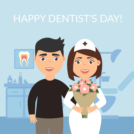Happy Dentists Day. Dental clinic. Holiday greeting card medical titles.The patient thanked the dentist and gave the doctor a bouquet of flowers. Vector modern flat style.のイラスト素材