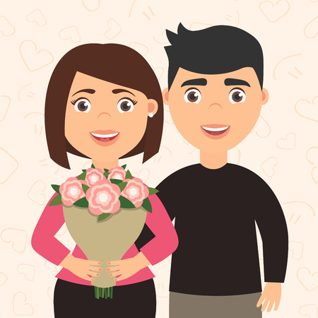 Romantic couple man and woman. Girl holding a bouquet of flowers in his hands. The boyfriend hugs his girlfriend. Cute lovely character in cartoon style . Vector .Happy International womens day.のイラスト素材
