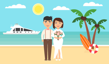 Summer background, sunset beach. The sea, yachts, palm trees and newly married couple. Wedding ceremony by the ocean.Modern flat design. Vector illustration.のイラスト素材