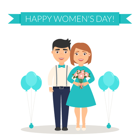 Decoration on March, 8. Male congratulates his female a Happy Womens Day and presents a bouquet of flowers. Cute characters. Flat design vector illustration.のイラスト素材