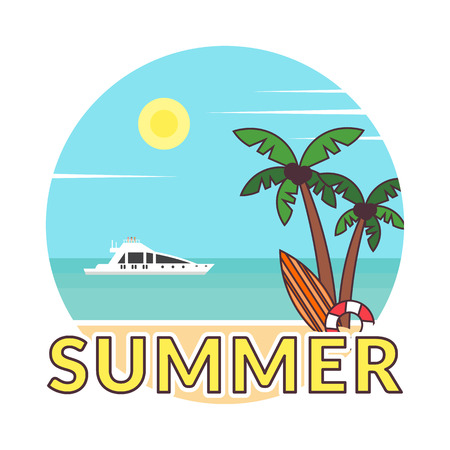 Summer background - sunset beach. Sticker in modern flat design. Sea, yacht and a palm tree. Vector illustration.のイラスト素材